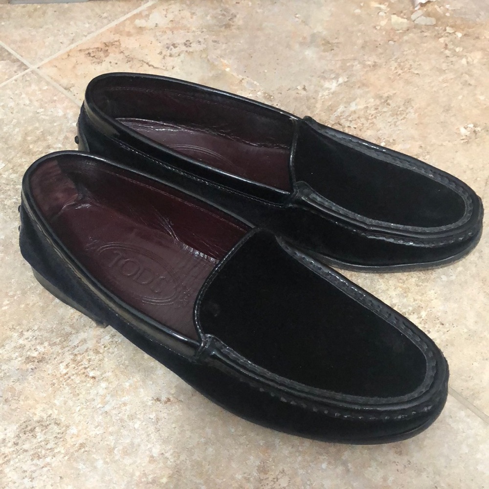 Tods Black Velvet Smoking Loafer
